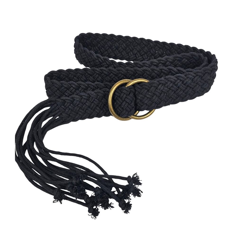 BLACK BRAIDED DOUBLE‑RING BUCKLE BELT – 43" LENGTH – 1.25" WIDTH – TASSEL ENDS